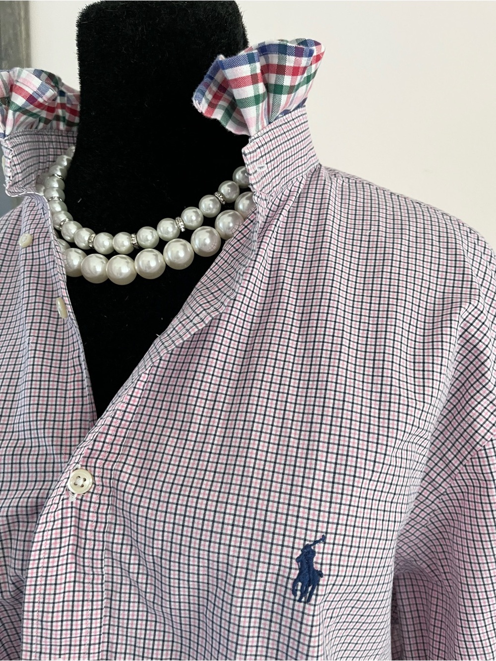 Refashioned Ralph Lauren Pink and Navy Micro-Check Button-Down Ruffle Collar